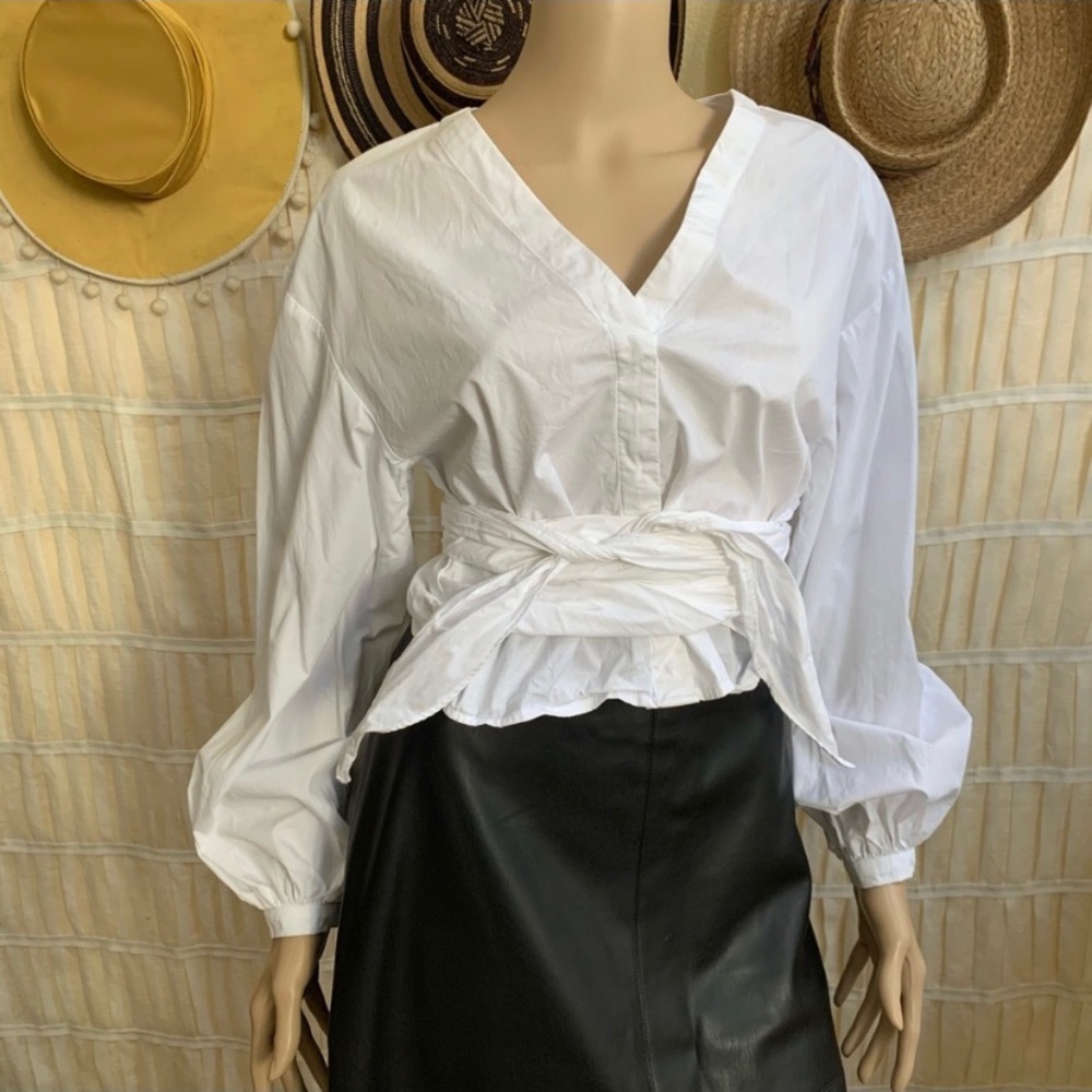 H&M Balloon Sleeve Waist Tie Button Down Blouse
